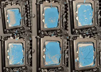 Intel comenta flexion de Alder Lake - CPU Intel Alder Lake en socket LGA1700; las seis tomas evidencian flexión del IHS y presión desigual con pasta térmica irregular.
