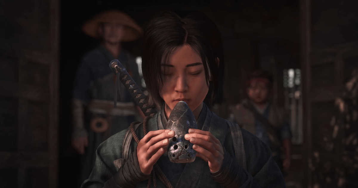 어쌔신 크리드의 바람 - 어쌔신 크리드 섀도우즈의 등장인물이 봉건 시대 일본을 배경으로 관악기를 연주하는 모습으로, 바람이 탐험, 스토리, 게임플레이 메커니즘에 미치는 영향을 보여줍니다.
