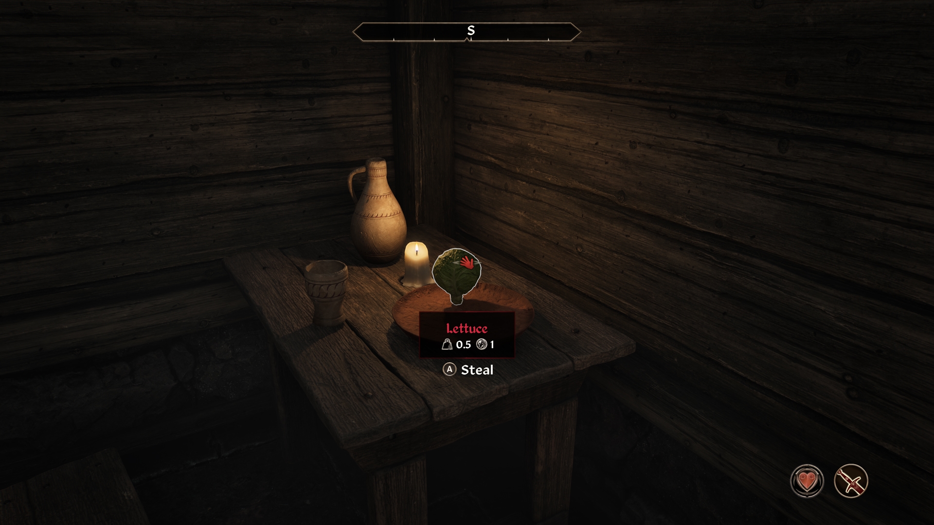 Cómo vender objetos robados Oblivion Remastered - Captura de Oblivion Remastered mostrando la opción "Steal" sobre una lechuga en una mesa; guía para vender objetos robados a peristas del Gremio de Ladrones.