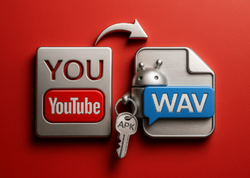 Cómo convertir videos de YouTube a WAV - Ilustración con logo de YouTube y archivo WAV conectados por una flecha, guía sobre cómo convertir videos de YouTube a WAV en Android.