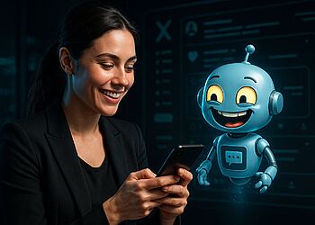 Grok AI en X - Usuario interactuando con Grok AI en X desde el móvil; chatbot azul brindando asistencia de IA generativa en la plataforma de redes sociales.