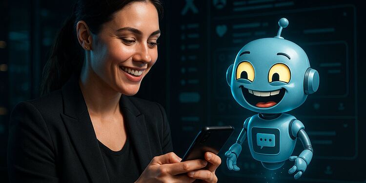 Grok AI en X - Usuario interactuando con Grok AI en X desde el móvil; chatbot azul brindando asistencia de IA generativa en la plataforma de redes sociales.