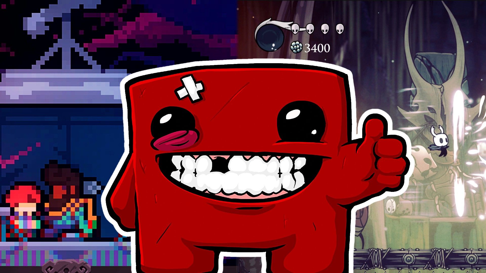 Game yang dimulai sebagai game Flash - Karakter Super Meat Boy merah yang tersenyum dengan jempol ke atas, di depan latar belakang game indie seperti Hollow Knight dan platformer seni piksel, untuk artikel "13 game hebat yang tidak akan Anda percaya dimulai dari game kecil".
