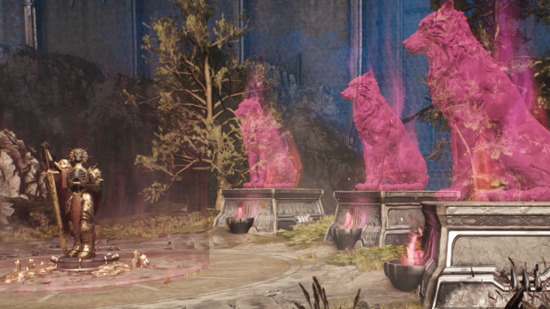 Estatuas de Lobo - Conjunto de estatuas de lobos rosas brillando sobre pedestales en una zona de ruinas y vegetación de Doom, mostrando la ubicación de todas las estatuas de lobos en Doom The Ancient Gods.