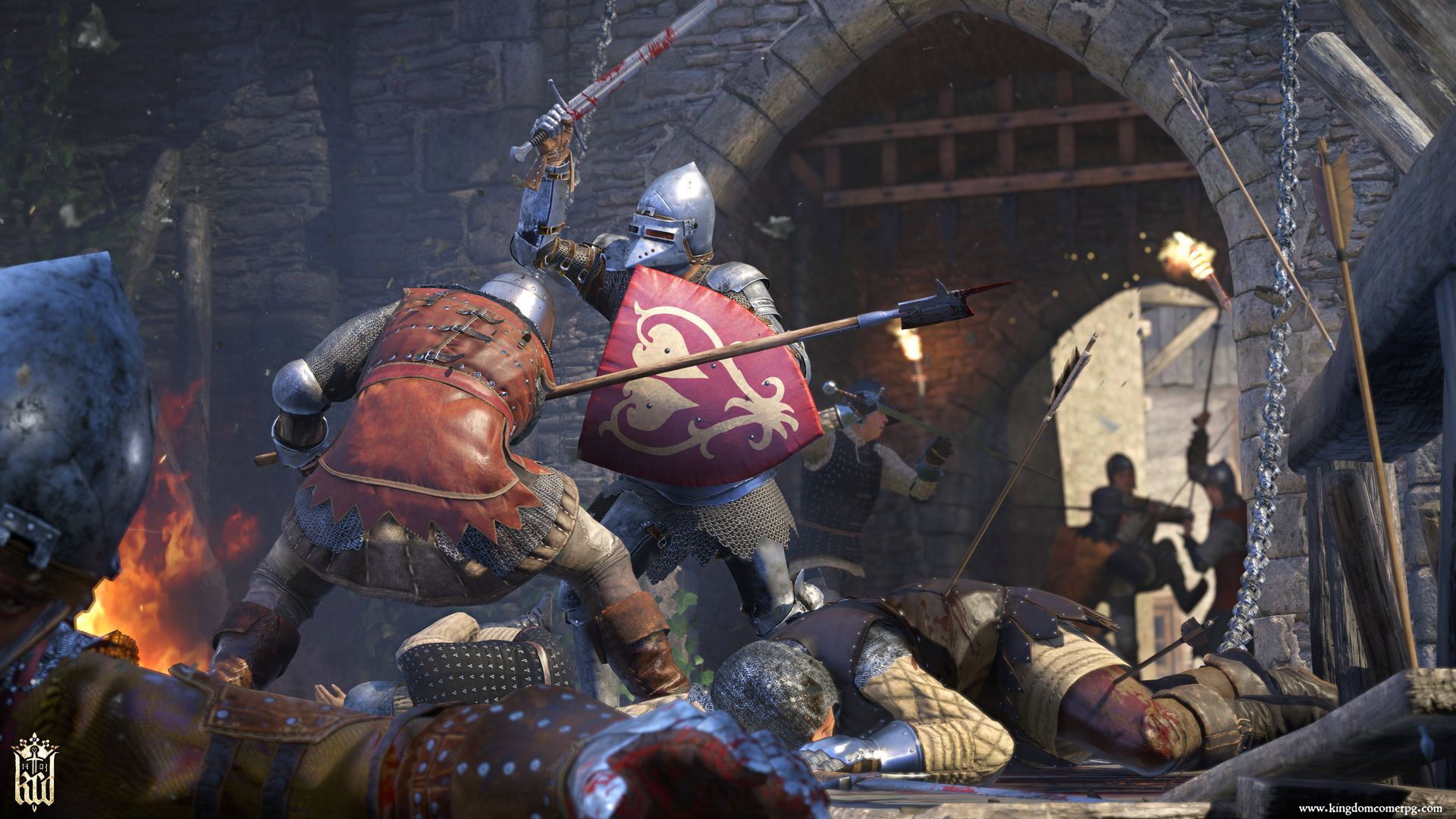 Motores alternativos - Caballeros medievales luchando con espadas y escudos en un juego de rol realista, ejemplo de título "Los 10 mejores juegos que no utilizan Unreal Engine 5", mostrando espectaculares gráficos sin usar Unreal Engine 5.