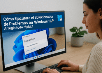 Cómo ejecutar el solucionador de problemas en Windows 11: persona usando PC con la ventana Configuración > Troubleshoot abierta para arreglar errores.