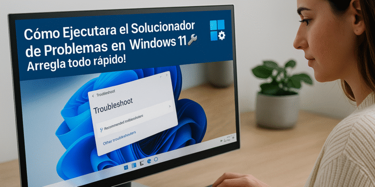 Cómo ejecutar el solucionador de problemas en Windows 11: persona usando PC con la ventana Configuración > Troubleshoot abierta para arreglar errores.