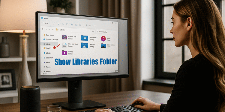 Cómo Mostrar u Ocultar Bibliotecas en Windows 11 - Guía Windows 11: Explorador de archivos con la carpeta Bibliotecas resaltada en el panel lateral, mostrando cómo mostrar u ocultar Bibliotecas en el PC.