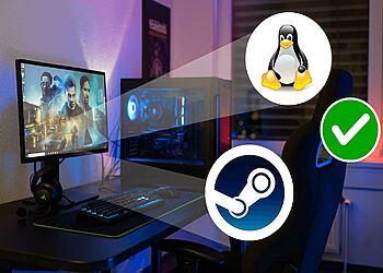 Linux gaming - Setup gamer con PC y monitor mostrando juego de Steam, con logos de Linux, Steam y un check verde destacando compatibilidad y rendimiento para jugar en Linux y ejecutar hasta el 80 % de los juegos de Steam sin problemas.