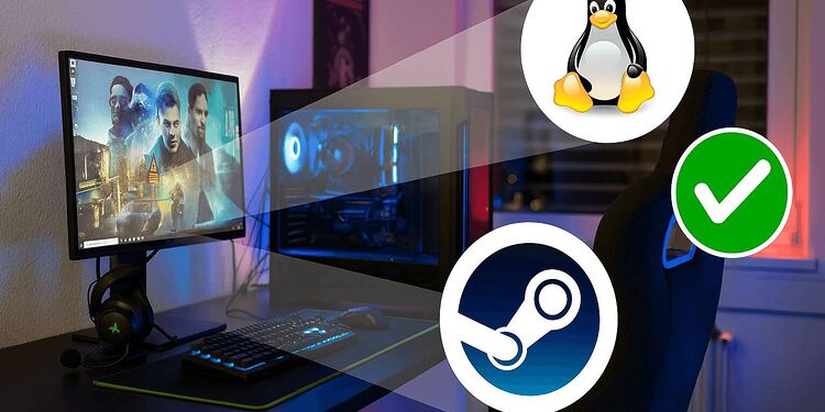 Linux gaming - Setup gamer con PC y monitor mostrando juego de Steam, con logos de Linux, Steam y un check verde destacando compatibilidad y rendimiento para jugar en Linux y ejecutar hasta el 80 % de los juegos de Steam sin problemas.