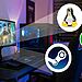Linux gaming - Setup gamer con PC y monitor mostrando juego de Steam, con logos de Linux, Steam y un check verde destacando compatibilidad y rendimiento para jugar en Linux y ejecutar hasta el 80 % de los juegos de Steam sin problemas.