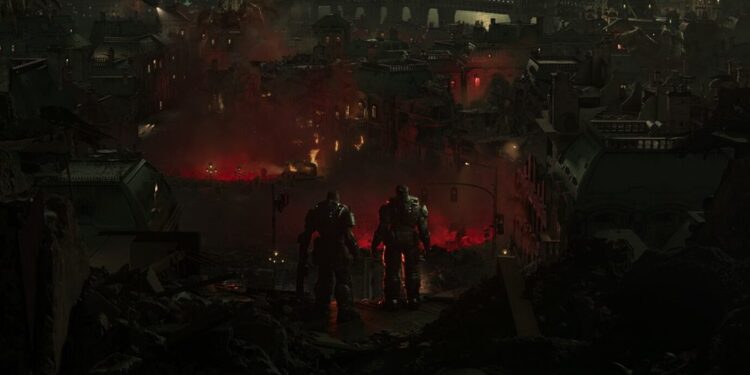 Requisitos Gears of War E-Day PC – escena oscura con dos soldados armados observando una ciudad en ruinas y en llamas durante la invasión en un entorno urbano devastado.