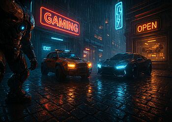 DirectX Raytracing 1.2 - Escena cyberpunk de videojuego en una calle mojada con ray tracing en tiempo real, coches futuristas iluminados por neones y un robot gigante, que muestra los gráficos avanzados y el rendimiento mejorado hasta 2.3x más rápido con DirectX Raytracing 1.2.