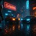 DirectX Raytracing 1.2 - Escena cyberpunk de videojuego en una calle mojada con ray tracing en tiempo real, coches futuristas iluminados por neones y un robot gigante, que muestra los gráficos avanzados y el rendimiento mejorado hasta 2.3x más rápido con DirectX Raytracing 1.2.