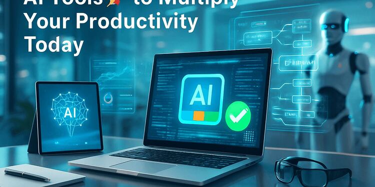 Herramientas de IA - Pantalla de ordenador portátil y tablet con iconos de IA y robot al fondo, representando herramientas de inteligencia artificial que multiplican la productividad en el trabajo diario.