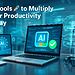 Herramientas de IA - Pantalla de ordenador portátil y tablet con iconos de IA y robot al fondo, representando herramientas de inteligencia artificial que multiplican la productividad en el trabajo diario.