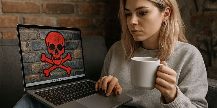 Protección de Red Windows - Mujer preocupada mirando su portátil con símbolo de calavera roja por virus informático, ilustrando la importancia de activar la protección de red en Windows para evitar hackers y malware.