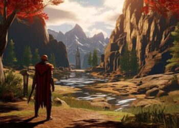 Sekiro en PS5 en 2026: guerrero samurái con katana observando un valle montañoso con río y templos al fondo, gráficos mejorados y ambientación épica estilo Japón feudal.