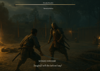 Assassins Creed Shadows elimina al verdugo - Alt text: "Screenshot from Assassin's Creed Shadows showing an intense nighttime duel between the protagonist and the armored executioner Shindo Hiroshii in a dimly lit traditional Japanese village setting with fire and villagers in the background."
