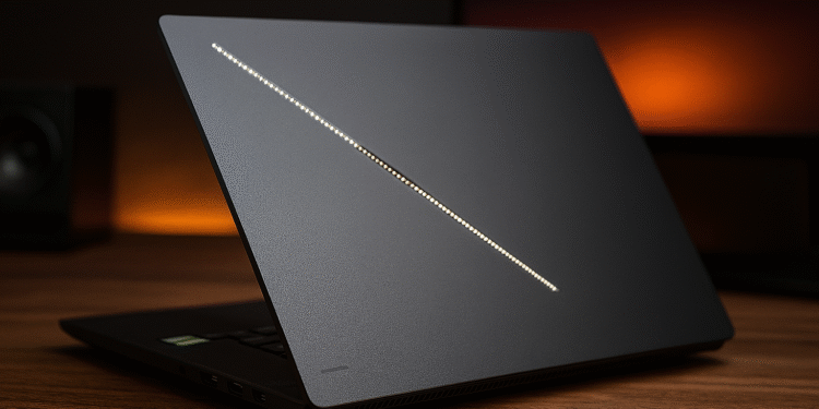 Asus ROG Zephyrus G16 2025 ¿Rey híbrido de juego y trabajo? - Alt text: "Asus ROG Zephyrus G16 2025 sleek black gaming laptop partially open on wooden desk with glowing diagonal light strip on lid, designed for hybrid gaming and work performance."