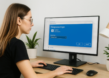 Cambiar tipo de cuenta en Windows 11 - Alt text: Mujer usando una computadora con Windows 11 mostrando la pantalla para cambiar el tipo de cuenta, con opciones para seleccionar el tipo de usuario y botones de OK y Cancelar.