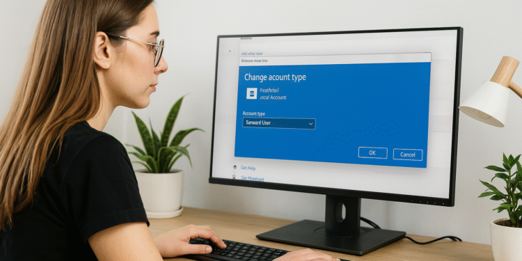 Cambiar tipo de cuenta en Windows 11 - Alt text: Mujer usando una computadora con Windows 11 mostrando la pantalla para cambiar el tipo de cuenta, con opciones para seleccionar el tipo de usuario y botones de OK y Cancelar.