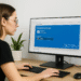 Cambiar tipo de cuenta en Windows 11 - Alt text: Mujer usando una computadora con Windows 11 mostrando la pantalla para cambiar el tipo de cuenta, con opciones para seleccionar el tipo de usuario y botones de OK y Cancelar.