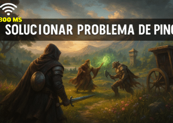 Cómo Arreglar el Ping Alto en Juegos Online - Alter text: Personajes de un juego de fantasía en combate en un paisaje medieval al atardecer con texto "Solucionar problema de ping" y símbolo de Wi-Fi con "800 ms", ilustrando cómo arreglar el ping alto en juegos online.