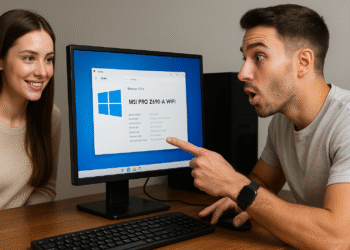 ¿Cómo comprobar el modelo de la placa base en Windows 1110? - Pareja joven mirando y señalando emocionada el modelo de la placa base MSI PRO Z690-A WIFI que aparece en la pantalla de un ordenador con sistema operativo Windows 11, mientras siguen una guía sobre cómo comprobar el modelo de la placa base en Windows.