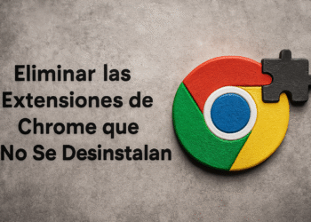 Cómo eliminar extensiones de Chrome - Alt text: "Texto 'Eliminar las extensiones de Chrome que no se desinstalan' junto a un logo de Google Chrome con una pieza de rompecabezas negra, ilustrando cómo eliminar extensiones difíciles de quitar en Chrome."