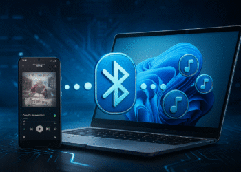 Cómo usar Windows 11 como receptor de audio Bluetooth - Imagen de teléfono móvil reproduciendo música a través de Bluetooth hacia una laptop con Windows 11, mostrando íconos de Bluetooth y notas musicales en fondo tecnológico azul, ilustrando cómo usar Windows 11 como receptor de audio Bluetooth.