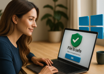 Cómo verificar si un archivo es seguro - Mujer usando una laptop con pantalla que muestra un mensaje de seguridad "File is safe" con un icono de escudo verde y marca de verificación, representando cómo verificar si un archivo es seguro en un entorno informático moderno con el logo de Windows al fondo.