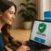 Cómo verificar si un archivo es seguro - Mujer usando una laptop con pantalla que muestra un mensaje de seguridad "File is safe" con un icono de escudo verde y marca de verificación, representando cómo verificar si un archivo es seguro en un entorno informático moderno con el logo de Windows al fondo.