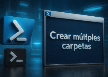 Crear múltiples carpetas en Windows - Alt text: Interfaz digital con comandos de PowerShell en Windows mostrando el texto "Crear múltiples carpetas", ilustrando el proceso de crear varias carpetas simultáneamente en el sistema operativo Windows.