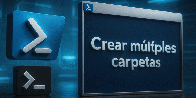 Crear múltiples carpetas en Windows - Alt text: Interfaz digital con comandos de PowerShell en Windows mostrando el texto "Crear múltiples carpetas", ilustrando el proceso de crear varias carpetas simultáneamente en el sistema operativo Windows.