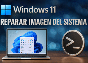 DISM en Windows 11 - Alt text: Imagen que muestra la reparación de la imagen del sistema en Windows 11 utilizando DISM, con un portátil que exhibe la pantalla de inicio de Windows 11 y un icono de símbolo de terminal, representando herramientas de línea de comandos para mantenimiento del sistema operativo.