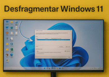 Desfragmentación en Windows 11 - Alt text: Pantalla de computadora mostrando el proceso de desfragmentación en Windows 11 con fondo amarillo y texto "Desfragmentar Windows 11".