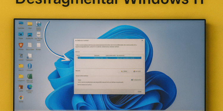 Desfragmentación en Windows 11 - Alt text: Pantalla de computadora mostrando el proceso de desfragmentación en Windows 11 con fondo amarillo y texto "Desfragmentar Windows 11".