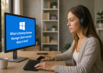 Desktop Window Manager - SEO friendly alt text: Woman wearing headphones working on a computer with a screen displaying the question "What is Desktop Window Manager (dwin eve) and What it does?" in a modern home office setting.