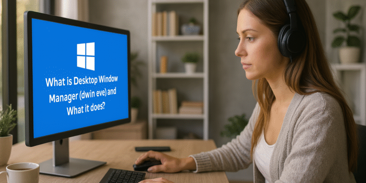 Desktop Window Manager - SEO friendly alt text: Woman wearing headphones working on a computer with a screen displaying the question "What is Desktop Window Manager (dwin eve) and What it does?" in a modern home office setting.
