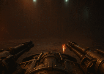 Doom The Dark Ages y la mejor arma - Alt text: Vista en primera persona del jugador en Doom The Dark Ages, mostrando la poderosa arma dual de cañones de época oscura con un efecto de fuego en un ambiente oscuro y sombrío del juego.