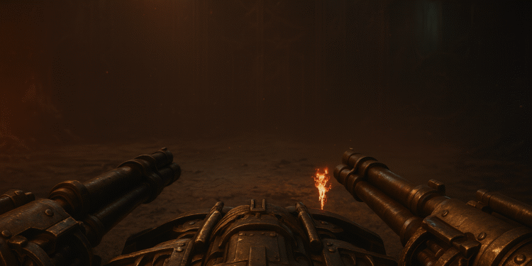 Doom The Dark Ages y la mejor arma - Alt text: Vista en primera persona del jugador en Doom The Dark Ages, mostrando la poderosa arma dual de cañones de época oscura con un efecto de fuego en un ambiente oscuro y sombrío del juego.