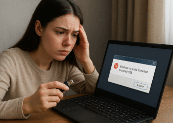 Error Windows no pudo formatear USB - Alt text: Mujer preocupada intenta formatear USB en laptop y recibe error de Windows "no pudo formatear la unidad USB", pantalla muestra mensaje de falla con botón aceptar.