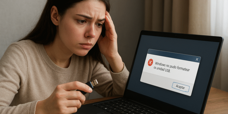 Error Windows no pudo formatear USB - Alt text: Mujer preocupada intenta formatear USB en laptop y recibe error de Windows "no pudo formatear la unidad USB", pantalla muestra mensaje de falla con botón aceptar.