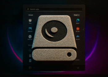 Escanear la unidad en busca de errores - Alt text: Icono tridimensional de unidad de disco duro sobre fondo oscuro con pantalla de escaneo de errores en Windows, representando la función de escanear la unidad en busca de errores.