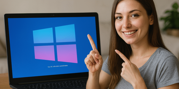 Funciones ocultas en Windows - Mujer sonriente señalando con ambos dedos hacia la pantalla de una laptop que muestra el logo de Windows en tonos azul y rosa, ilustrando funciones ocultas en Windows.