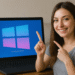Funciones ocultas en Windows - Mujer sonriente señalando con ambos dedos hacia la pantalla de una laptop que muestra el logo de Windows en tonos azul y rosa, ilustrando funciones ocultas en Windows.