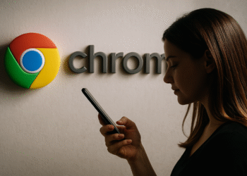 Google Chrome en Android y Seguridad - Mujer usando un teléfono móvil Android frente a un logo grande de Google Chrome en la pared, destacando la seguridad y navegación en Google Chrome en dispositivos Android.