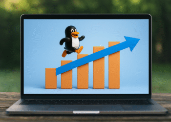 Linux en PCs modernas - Alt text: "Portátil moderno con pantalla que muestra gráfico ascendente y mascota Tux de Linux saltando, simbolizando el crecimiento y adopción de Linux en PCs modernas."