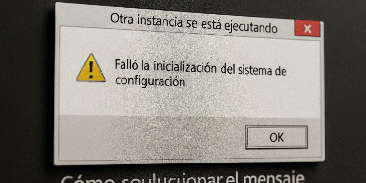 Otra instancia ya se está ejecutando - Alt text: Ventana emergente de error en computadora con el mensaje "Otra instancia se está ejecutando" y advertencia de fallo en la inicialización del sistema de configuración, con botón OK visible, sobre fondo oscuro con texto "Cómo solucionar el mensaje de error".
